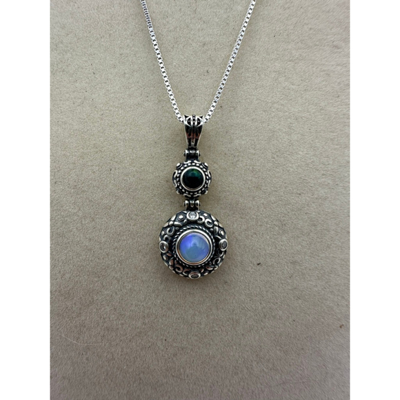 Silver 925 Double Opal Pendant on Silver 925 Chain - Picture 1 of 8